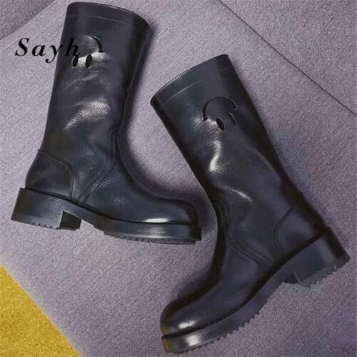 Women Boots Black Leather Platform Chunky Heel Mid Calf Boots Round Toe Luxury Brand Smile Face Motorcycle Riding Boots