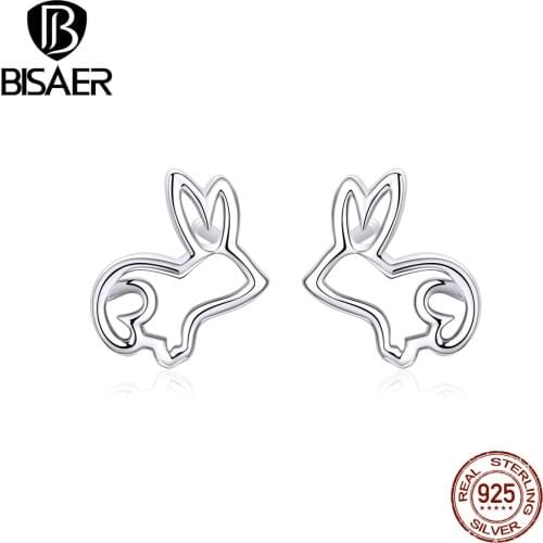 Fashion BISAER 925 sterling silver cute rabbits couple love small stud earrings stud women sterling silver jewelry ECE698