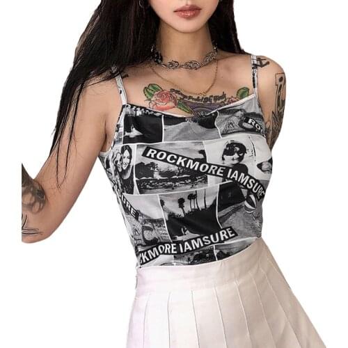 Gothic sexy tube top exposed belly button sleeveless camisole girl fashion creative head letter printing slim bottoming shirt /F