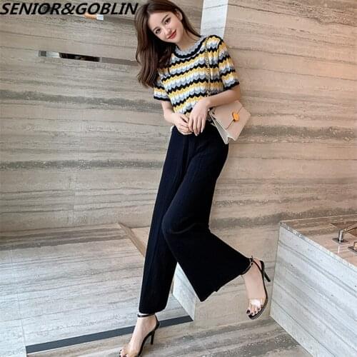 Women Fashion Striped Knitted Pullover Top+High Waist Solid Wide Leg Pant Suit Short Sleeve Knit Tracksuit Trousers 2PCS Sets