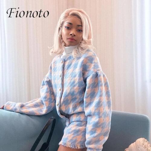 Vintage Sweet Women Pearl Button Check Gingham Plaid Blazer High Waist A line Mini Short Skirts Long Sleeve Suits 2 Pieces Set