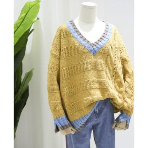 Winter Autumn Women Sweater Wear New Korean Stripe V-neck Knitted Pullover Student Girl Long Sleeve Casual Fashion Tops H9439