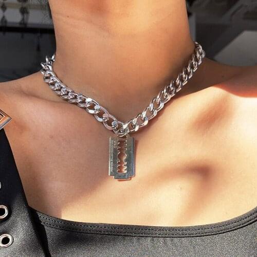 Unique Punk Thick Chain Razor Blade Pendant Necklace Women Vintage Creative Geometric Chocker Clavicle Necklace Jewelry XR2980