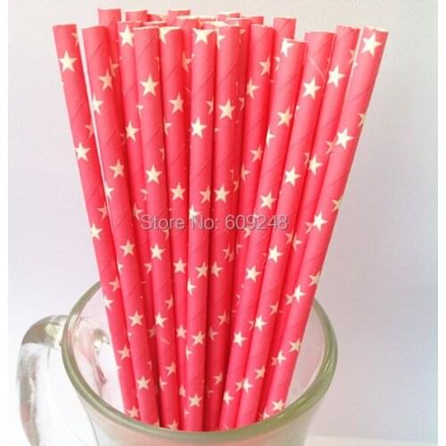 100pcs Mixed Colors White Stars Print Hot Pink Paper Straws, Cheap Discount Party Supplies Paper Drinking Straws Bulk
