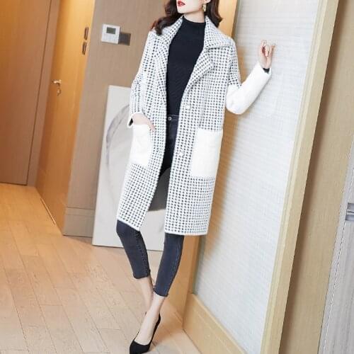 2020 Winter Mink Fleece Houndstooth Warm Wool&blends Autumn Women Vintage High Quality Elegant Bodycon Cashmere Outwear Coats