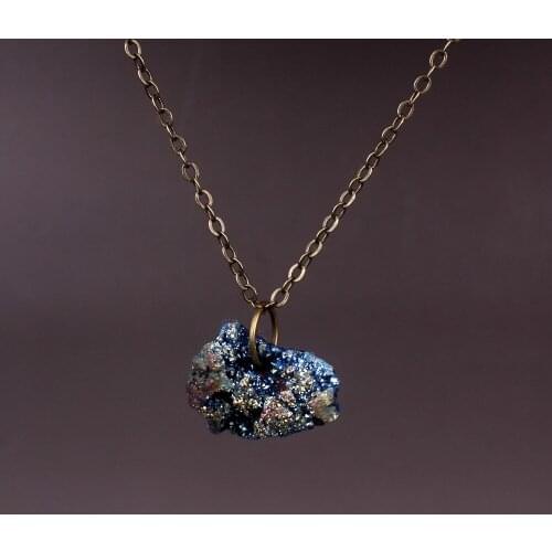 24pcs/lot Natural Stone Titanium Rainbow Quartz Crystal Drusy Geode Pendants Charms Statement Necklace Antique Bronze Chain Free