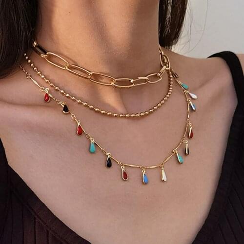 3 Pcs/Set Bohemian Colorful Water Drop Beads Choker Necklace Fashion Multi Layered Gold Chain Necklace for Women Jewelry Gifts