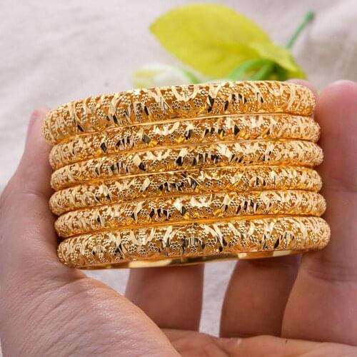 6+8Mm/Dubai Gold Color Bangles For Women Gold Color Bracelets Ethiopian/Arab/Middle East Party Gifts 6Pcs Mix