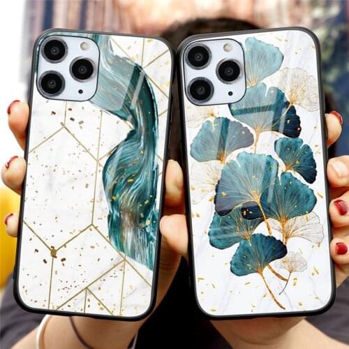 Tempered Glass Leaves Flower Case For iPhone 11Pro 11 12 Mini Pro XS MAX SE 2020 10 Back Cover For iPhone X XR 6s 8 7 Plus Cases