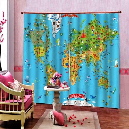 Photo Customized Size Animal Map of The World for Children Cartoon Mountains Forests Curtain For Childrens room Drapes Sets