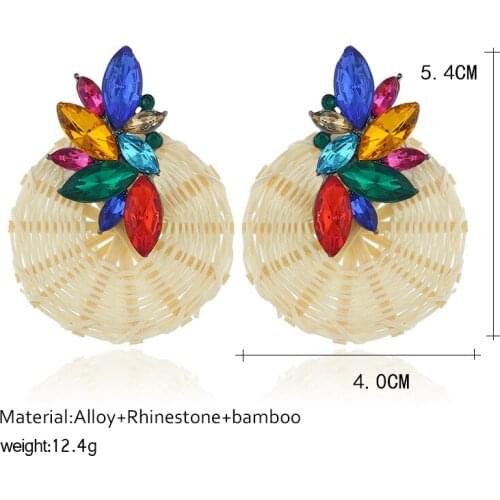 Fashion simple creative bamboo knit round coin earrings for women with inlaid color rhinestone gem female kolczyki oorbellen