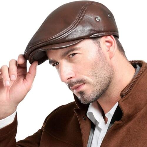 Mens Real Cowhide Leather Beret Hunting Cap Beanie Trucker Warm Cap Sports Hat