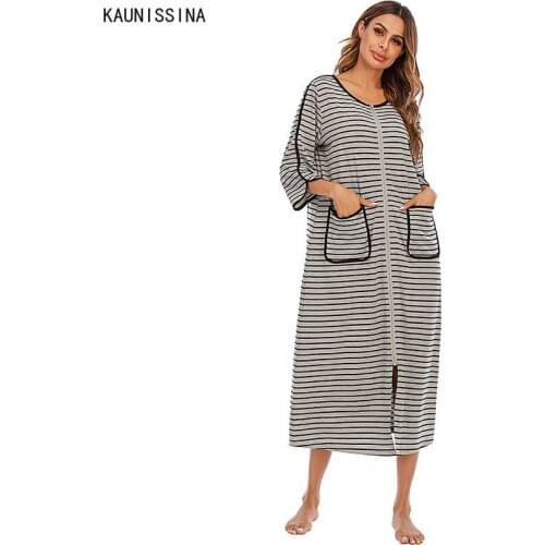 Nightgowns Women Sleepwear Striped Long Night Dress Three Quarter Sleeve Zipper Pockets Sleepshirts Nightwear Autumn Nightdress