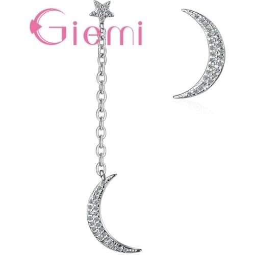 New Arrival Women Fashion Asymmetrical Moon Pendant Earrings For Sale 925 Sterling Silver Shinning Crystal Romantic Earrings