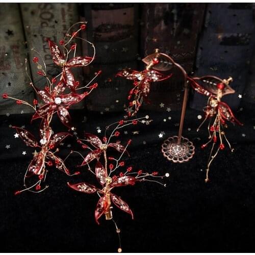 Original Creative Liquid Flower Red transparent new fashion women Hair Accessories Chinese Style Bridal Wedding jewelry Set
