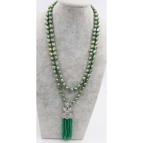 Freshwater pearl green agates & stone beads peafowl clasp necklace 45"