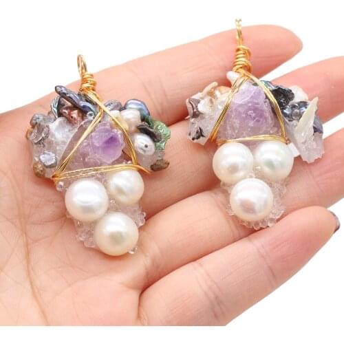Freshwater Pearl Pendant Copper Wire Winding Pearl Grape Charms for DIY Jewelry Making Earrings Necklace Bracelet Size 35x55mm