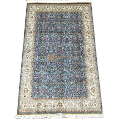 Seeykeep™ 5x8ft 100% Silk Handknotted Oriental Rug use Intricate Exquisite Floral and Azure Backcolor Motif Design-SK3036134