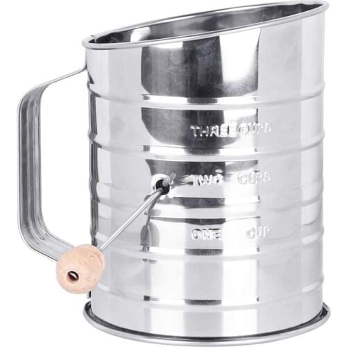 Flour Sifter, Sifter for Baking, Stainless Steel Hand Crank Flour Sifter with 3-Cup Measuring, Double-Layer Hand-Pressed