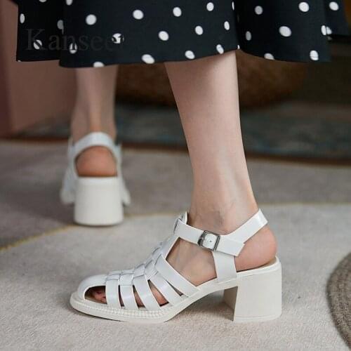 Kanseet 2021 Summer Sandals New Women Black Beige Real Leather Shoes Hollow Out Buckle Strap Casual Footwear High Heels Sandals