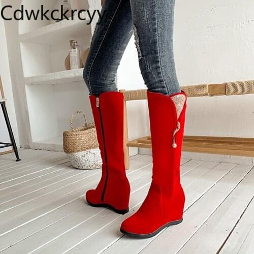 Winter The New fashion Round head Increase within Womens boots red Increase within Plus velvet Keep warm High heel Women boots