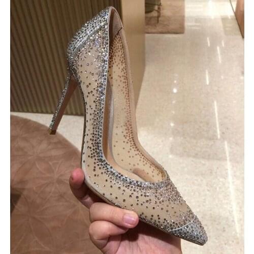 Moraima Snc Fashion Pointed Toe High Heel Shoes Woman Shallow Mouth Crystal Embellished Party Wedding Heels Mesh Grid Shoes