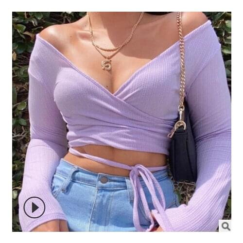 Sexy Fashion Solid Color Long Sleeve V-neck Off Shoulder Top T-shirt Short Top Street Daily Casual Wear Summer Women Crop Tops