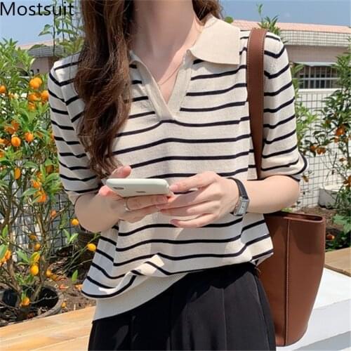 2021 Summer Striped Knitted Pullover Women Short Sleeve Turn-down Collar Tops Korean Vintage Casual Fashion Jumpers Femme