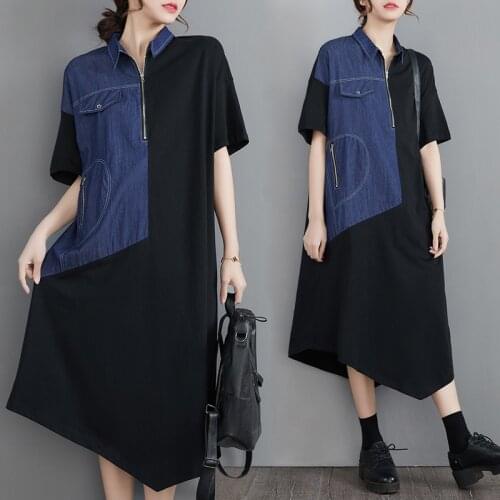 Women Denim Irregular Patchwork Dresses Unique Design Loose Mid-Length Casual Polo Collar Short Sleeve Female A-Line Vestidos
