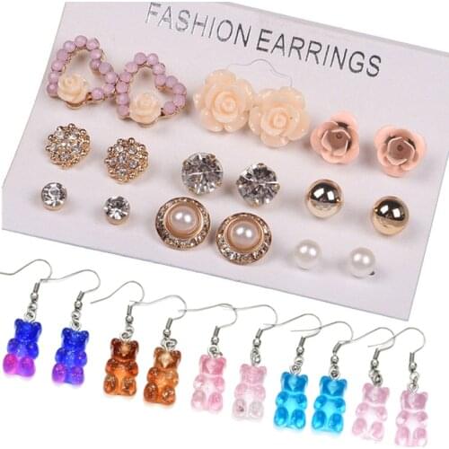 12/ 9 Pairs/Set Womens Pearl Flower Crystal Studs Earrings Girls Elegant Rose Flower Heart Ear Jewelry Gift