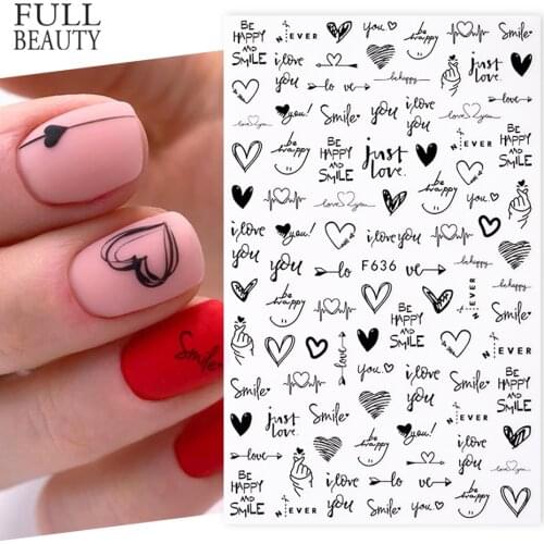 3D Love Heart Nails Stickers Cool Black Line English Letter Design Decals Abstract Geometric Sliders Manicure Decor Tips CHF636