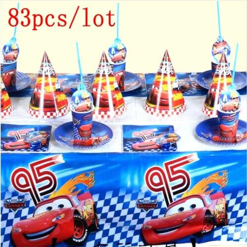 83Pcs/Lot Lightning McQueen Cars Theme Disposable Cup Plate Napkin Banners Boy Birthday Party Decoration For Family Party Supply