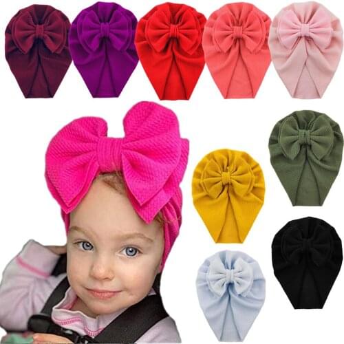 9Pcs/Lot Double Layer Waffle Bow Knot Turban Caps Winter Cute Elastic Bonnet Hats Infant Baby Beanie