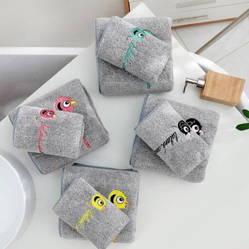 Absorbent Coral Velvet Towel Set Cartoon Embroidered Face Hand Bath Towels Set Soft Breathable Hair Swimming Bathroom Towels