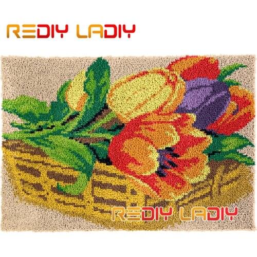 Latch Hook Rug Basket of Tulips Plush Wall Tapestry DIY Carpet Rug Thick Yarn Arts Cushion Crocheting Floor Mat Home Decor Gifts