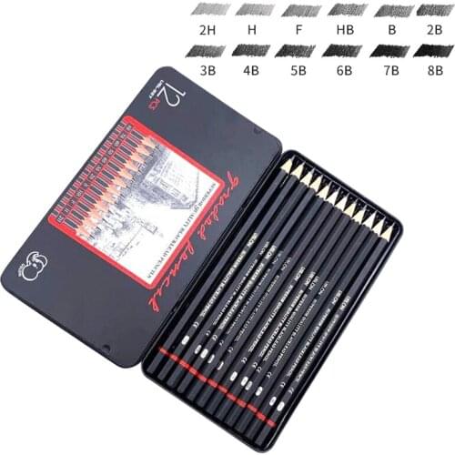 12/batch drawing pencil set 2H-8B graphite pencil school metal box stationery art supplies