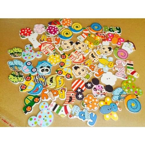 2015 New 100Pcs Cartoons Style Wood Botones Decorative Buttons 2 Holes Sewing Accessories Wooden Buttons 15-45mm Scrapbooking