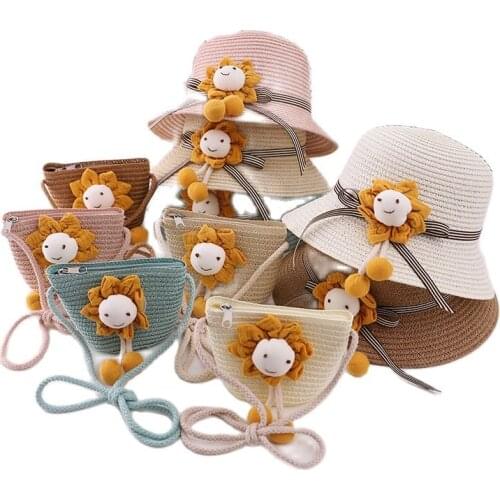 Holiday children sun protection hat Summer beach party girl kids floral sun hat baby straw hat Panama caps +handbags sets