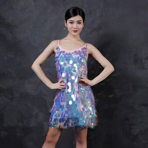 Pink Sexy Sling Dress Shiny Sequins Latin Belly Dance Practice Clothes 2021 Female Adult Suspender Sequin Dress Sexy Dance Skirt