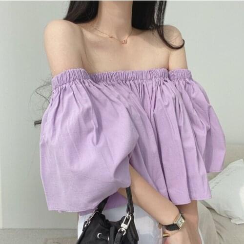 Summer new girl one word collar trumpet sleeve loose rubber band shirt sweet short sleeve blouse