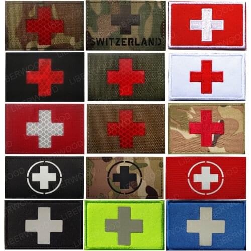 Flag of Switzerland Swiss embroidered applique patch IR Infrared MED MEDIC rescue PATCH RED CROSS Reflective Badge Patch
