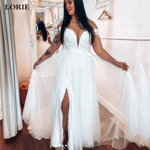 LORIE Boho Wedding Dresses 2021 Appliqued with Flowers Side Split Tulle A-Line Backless Beach Bride Dress Wedding Gowns