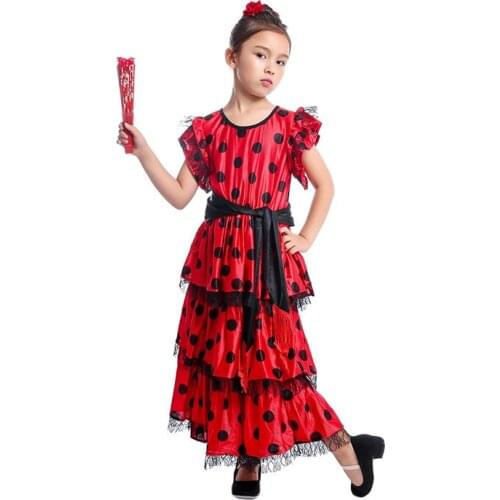 Dance Dresses Spain Flamenco Dance Costumes for Girls Traditional Dot Printing Lace Sleeve Long Dresses Stage Performance Dress