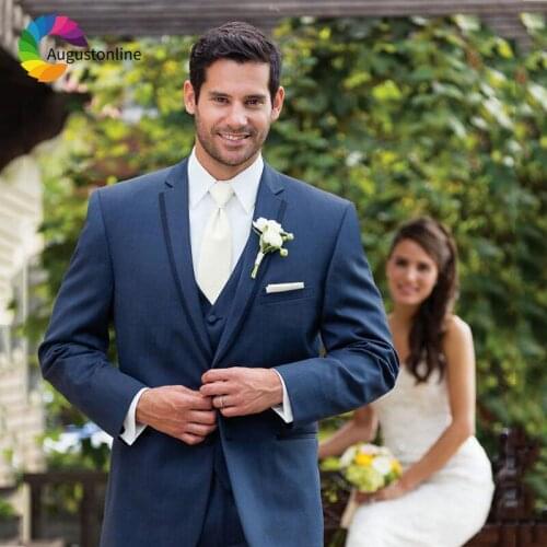 Navy Blue Men Suits Wedding Black Lapel Slim Fit Groom Tuxedos 3Piece Pants Vest Man Blazer Jacket Terno Masculino Costume Homme