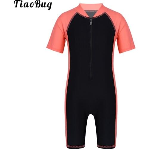 TiaoBug Kids Boys Girls One-Piece Swimming Bodysuit Short Sleeves Zippered Shorty Wetsuit Swimsuit Swimwear Rash Guard