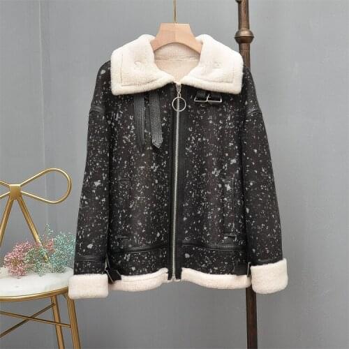 Genuine 2021 leather new natural real sheep fur coat winter jacket women pattern of stars thick warm parka real fur clothing