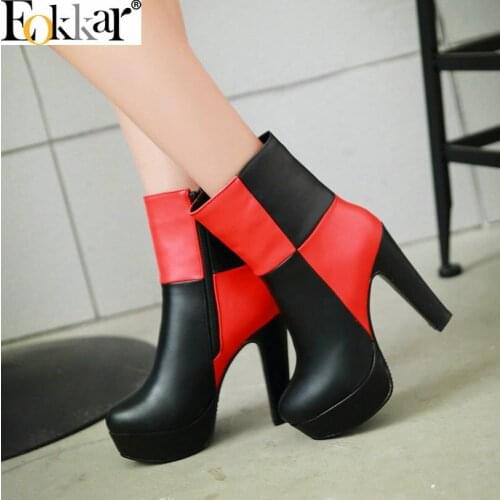 Eokkar 2020 Mixed Colors Ankle Boots Round Toe Platform Thick Heels Winter Shoes Super High Heel Zipper Booties Big Size 34-43