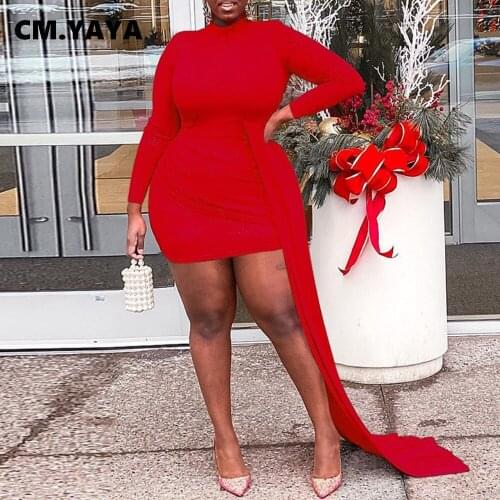 CM.YAYA Plus Size Autumn Winter Long Sleeve Women Bodycon Midi Dress Sexy Night Party Splicing Irregular Pencil Mini Dresses