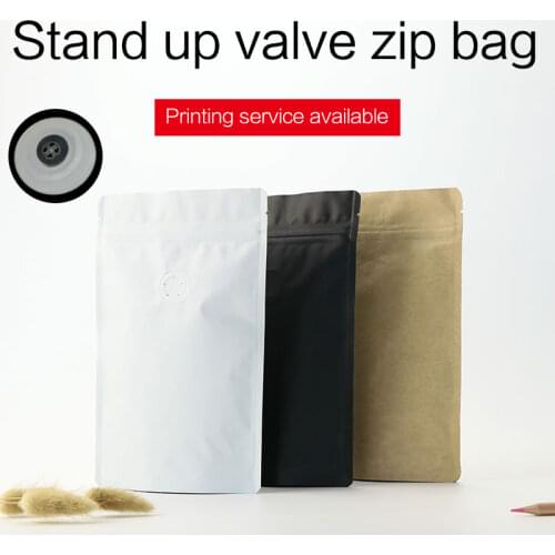 1/4 1/2 1 pound matte black white kraft coffee bean pouch with one side degassing valve aluminum foil zip lock packaging bag