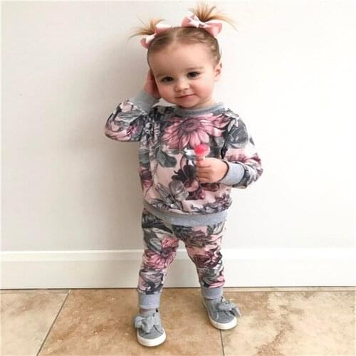 2PCS Toddler Kids Baby Girls Fashion Cute Long Sleeve Round Collar T-shirt Tops+Floral Pants Outfits Clothes Set